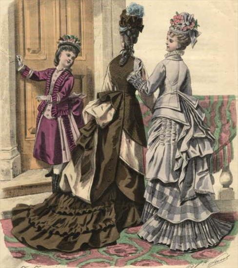 Kobiece ubiory - 1874 - Journal des demoiselles, dam i brunt och dam i grtt och flicka.jpg