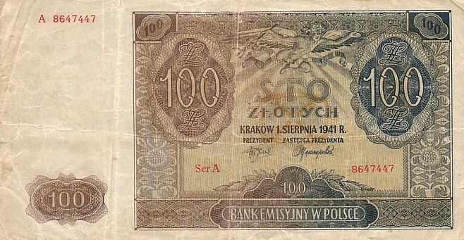 Banknoty Monety Numizmatyka Filatelistyka - PolandP103-100Zlotych-1941_f.jpg